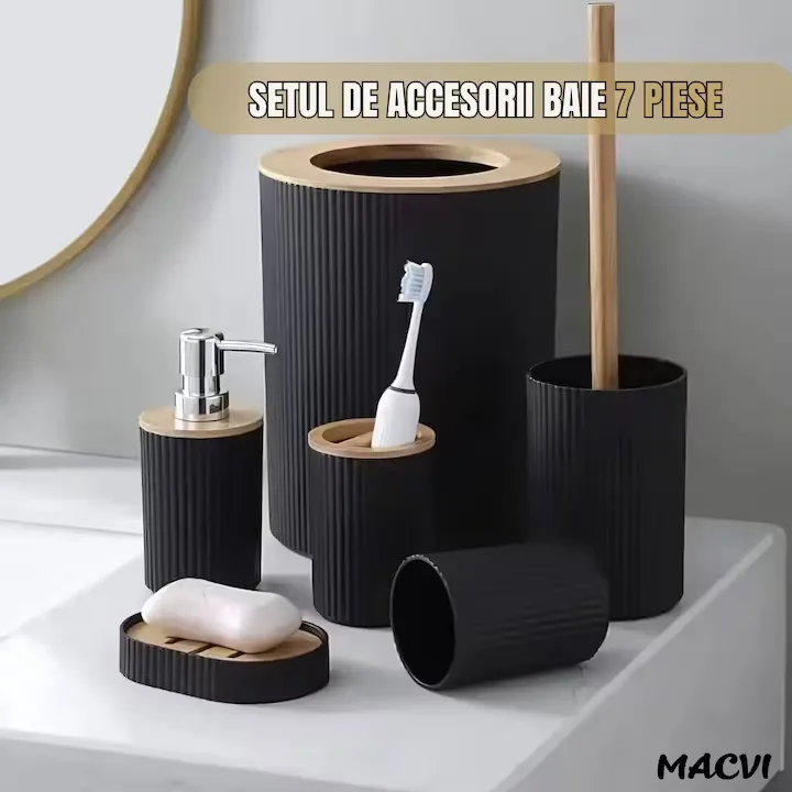 Set Baie Macvi® 6 Piese Negru Mat cu Accente de Lemn, Cos Gunoi, Perie WC, Dozator Sapun, Suport Periute, Pahar si Sapuniera - imagine 2