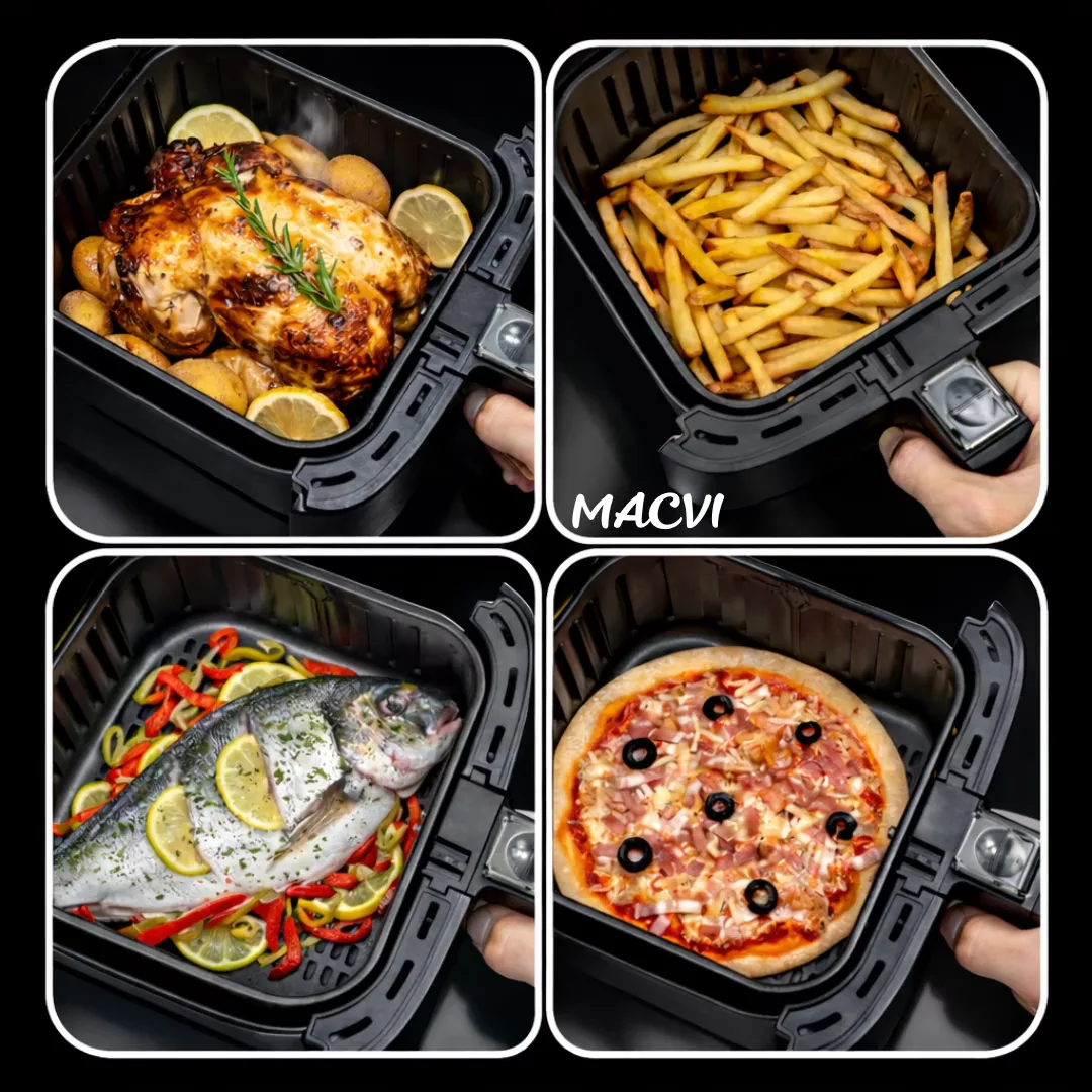 Friteuza aer Macvi® cu aer cald 12L 2400W, fereastra transparenta, panou digital touch, 8 programe presetate, control temperatura 80-200°C, timer 0-60 min, gatire fara ulei, functie 3D, aer circulant - imagine 3