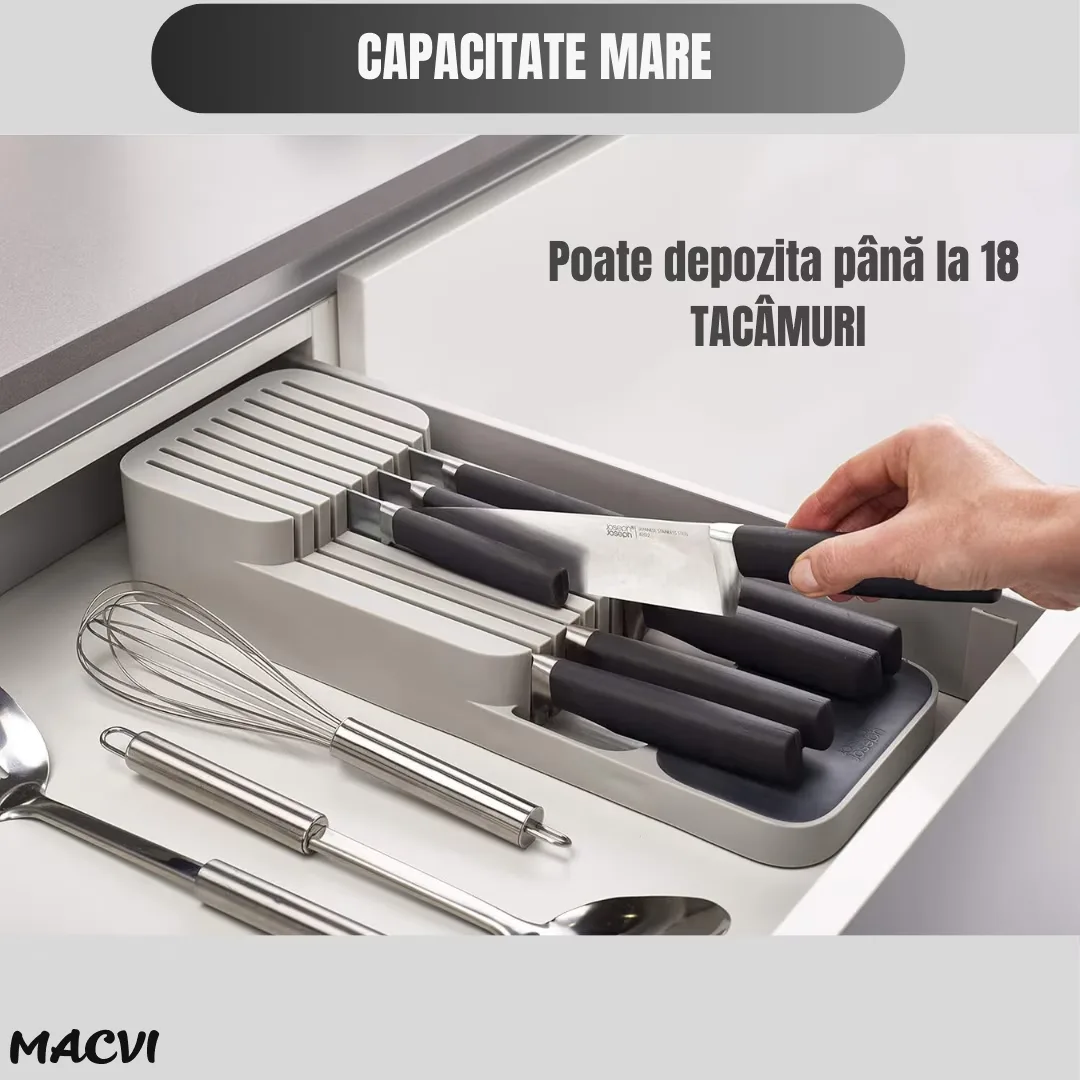 Suport sertar pentru cutite Macvi® organizator compact depozitare sigura material durabil design ergonomic stabilitate sporita economie de spatiu, alb - imagine 3