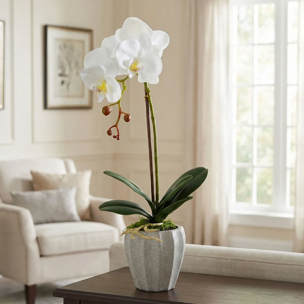 Orhidee Artificiala Decorativa in Ghiveci, Aspect Realist, 45 cm, Alb/Roz/Mov