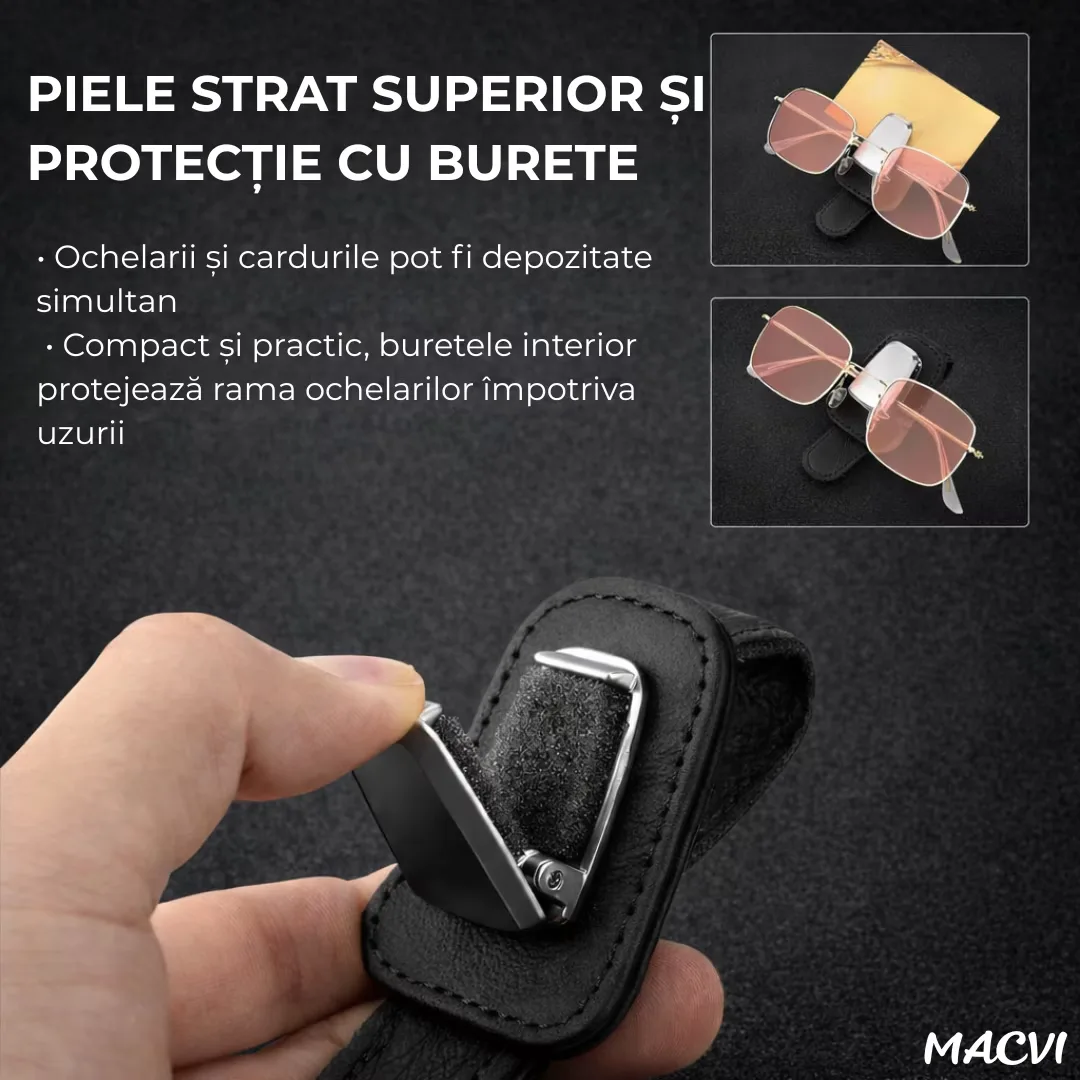 Suport ochelari auto Macvi®, prindere la parasolar, piele si aluminiu, 5x10 cm, negru - imagine 5