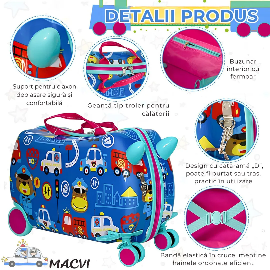Geanta voiaj copii Macvi® cu model inghetata, 28L, ABS rezistent la impact, functie scaun, suport picioare pliabil, roti 360°, albastru - imagine 5