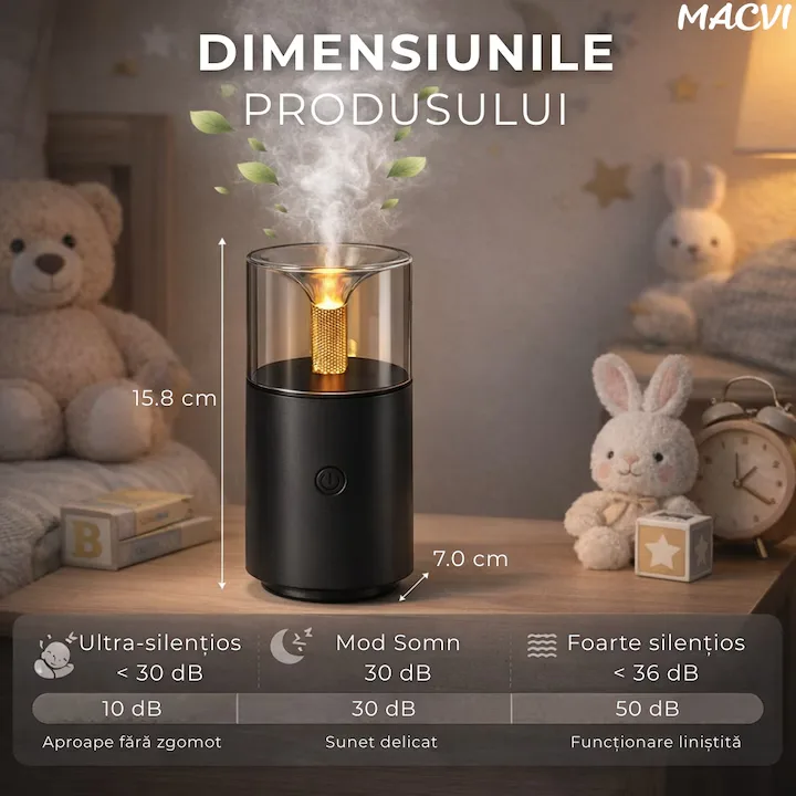 Umidificator Aromaterapie Macvi® cu Efect Flacara Tip Lumanare 250 ml Portabil USB cu Oprire Automata Pulverizare Arome LED Ambiental pentru Dormitor Bucatarie Masina - imagine 5