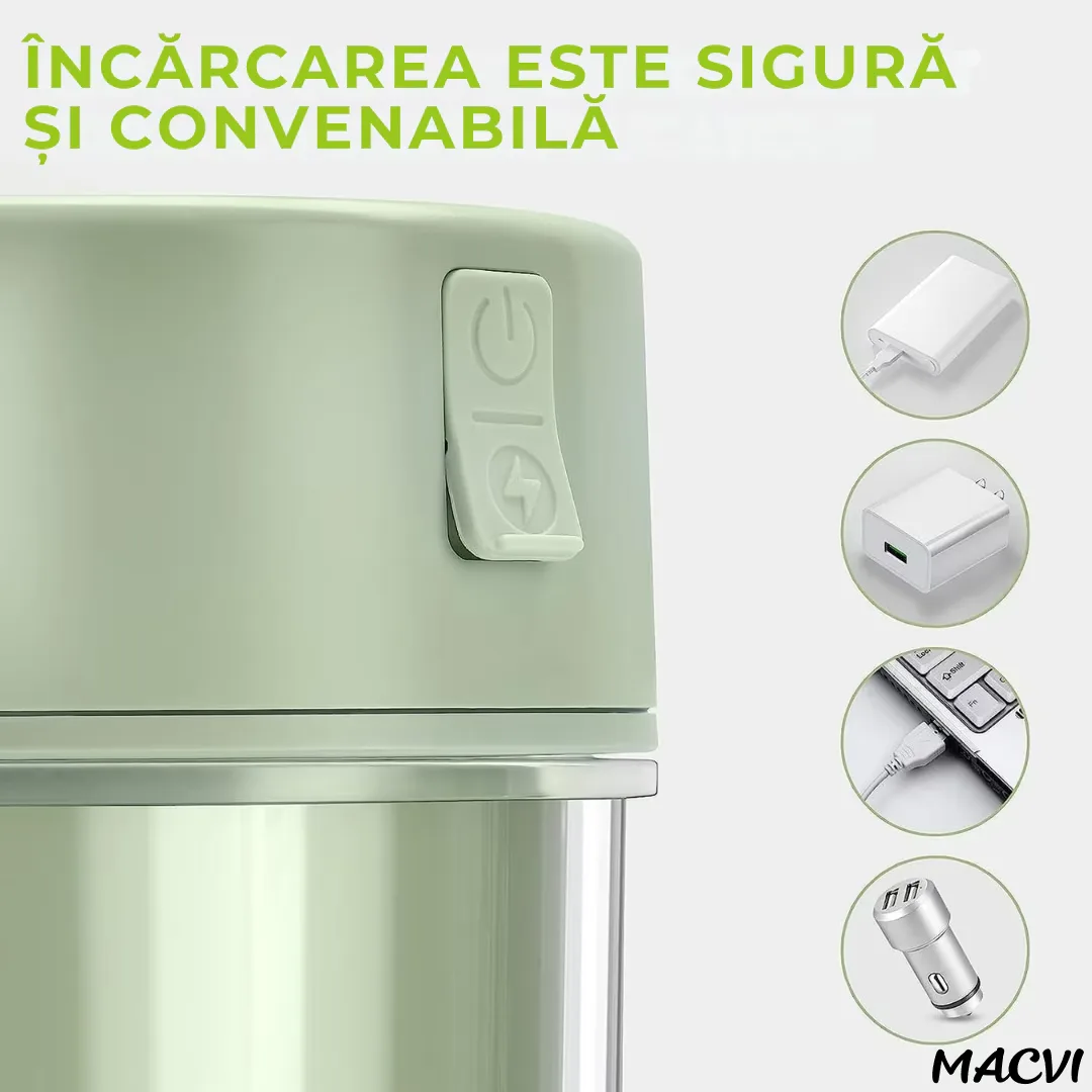 Storcator De Citrice Macvi® Portabil din Plastic cu Acumulator, Blender Reincarcabil USB, 6 Lame din Otel Inoxidabil, BPA Free, Anti-scurgere, Capac cu Pai, Capacitate 420 ml, Smoothie-uri si Sucuri - imagine 3
