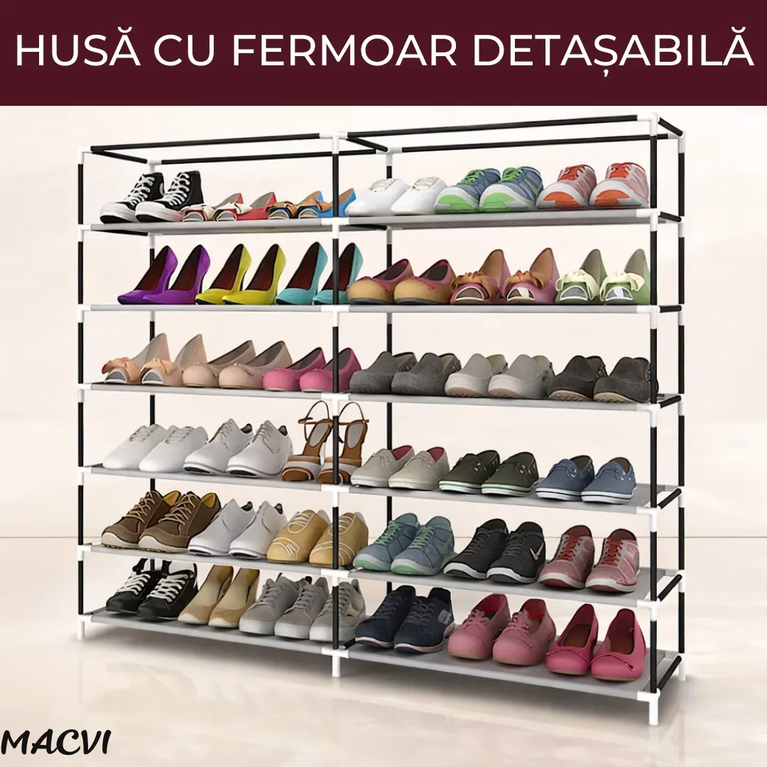Dulap Pantofi Macvi®, Dulap Textil Dublu pentru Incaltaminte, 6 Niveluri, 120 x 30 x 118 cm, Rosu - imagine 5