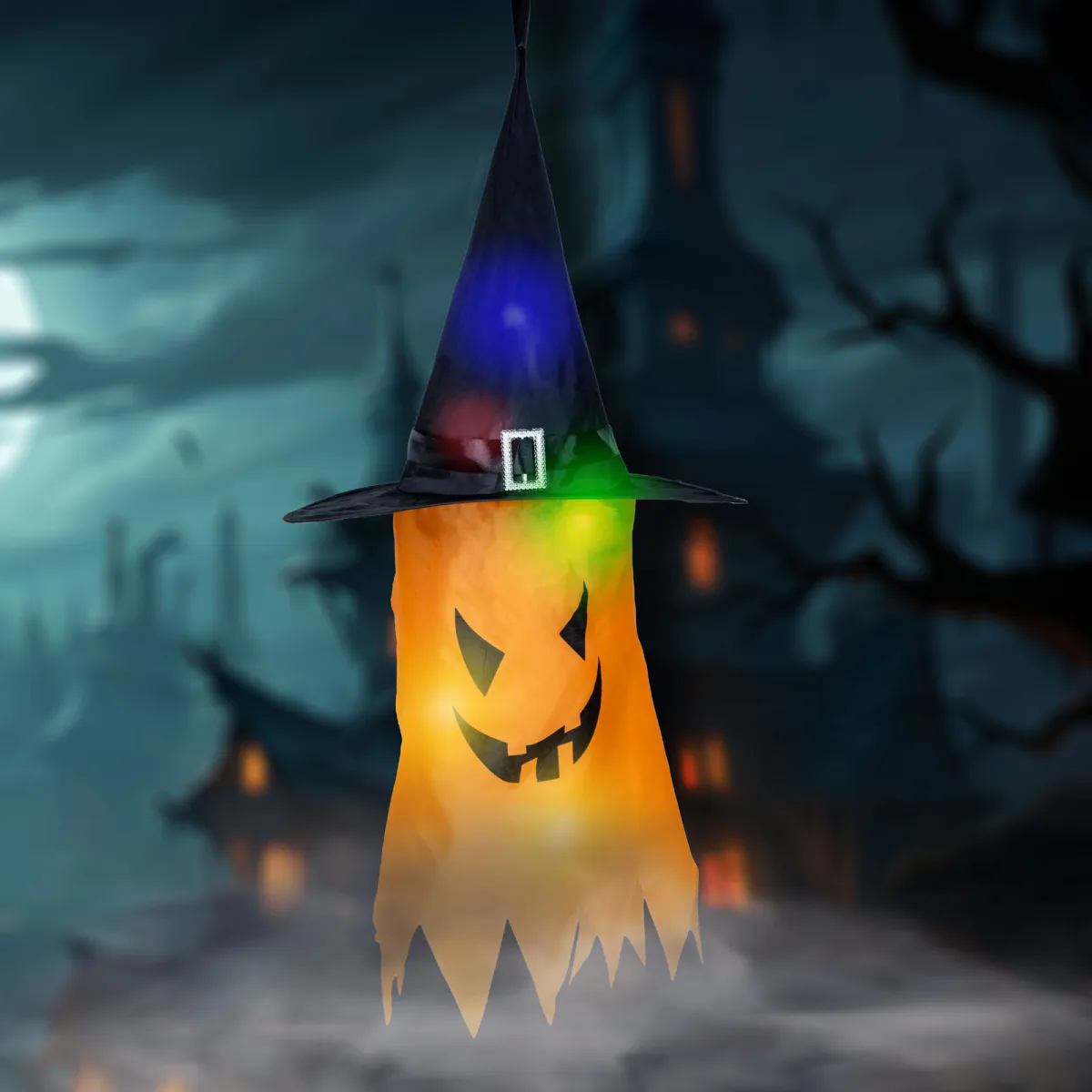 Decor LED Halloween, fantoma, galben, 10 LED-uri, agatat, 75x35 cm, baterie, RGB