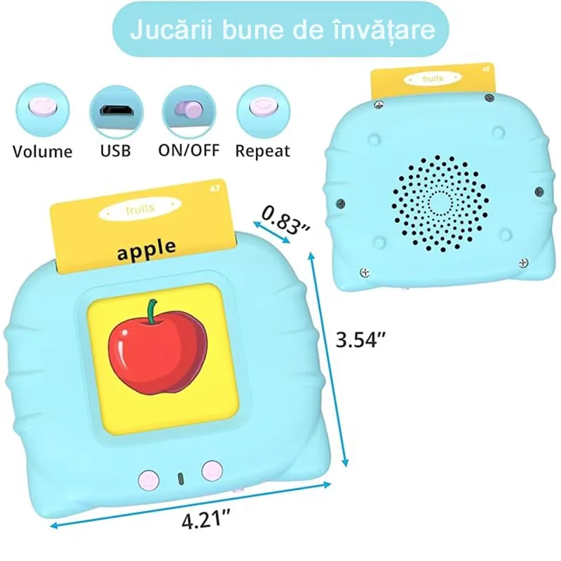 Jucarie educativa Montessori Macvi® masina de invatare limba engleza cu cititor carduri flash 112 carduri 224 cuvinte sunete interactive incarcare MicroUSB albastru 2 ani+ - imagine 2