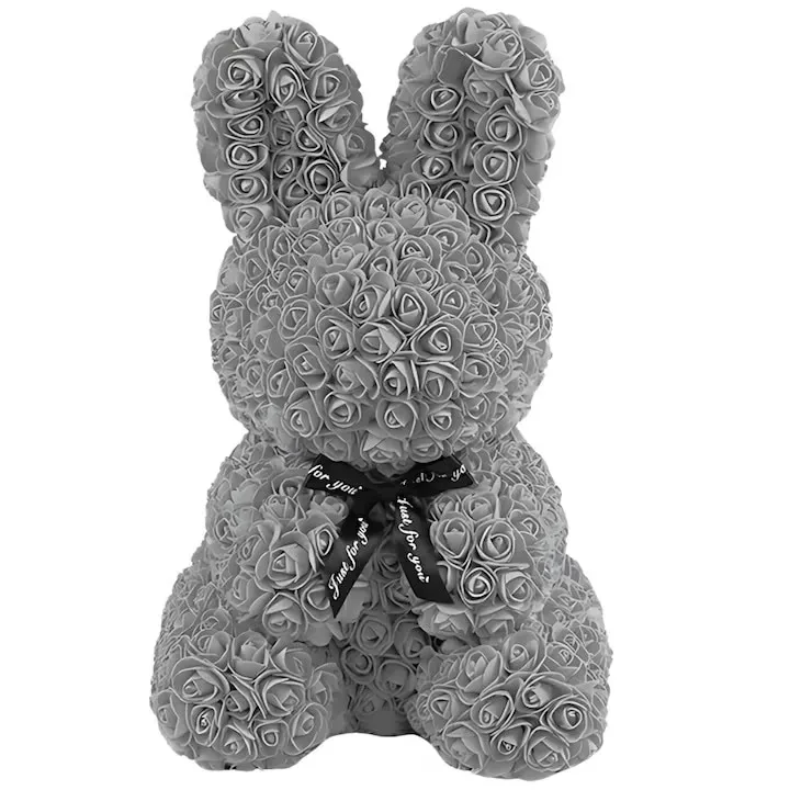 Iepuras Decorativ Macvi® din Trandafiri Spuma Gri 45 cm cu Fundita Cutie Cadou Inclusa Decor Elegant