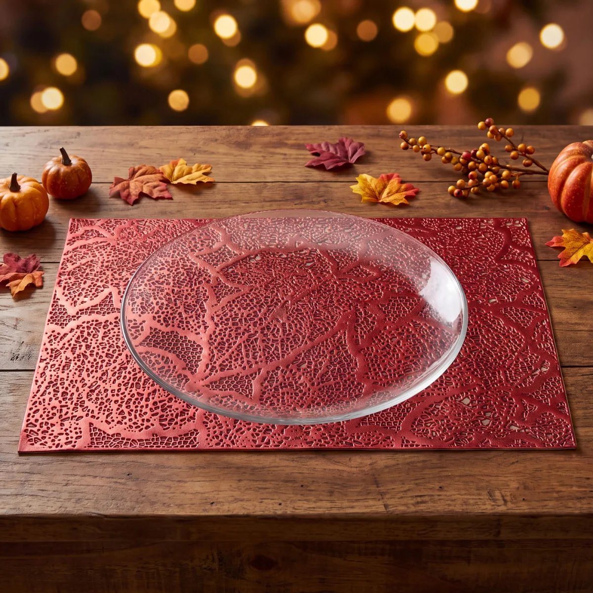 Suport farfurie decorativ cu model frunze, PVC, 45 x 30 cm, rosu