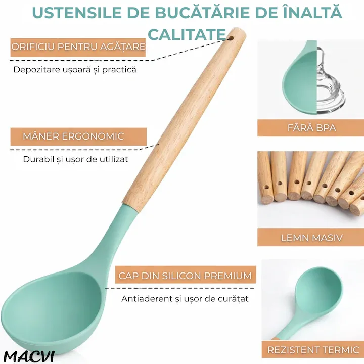 Set ustensile Macvi® bucatarie silicon premium 19 piese cu suport organizare cutite tocator linguri spatule fara BPA rezistente la temperaturi ridicate verde menta - imagine 2