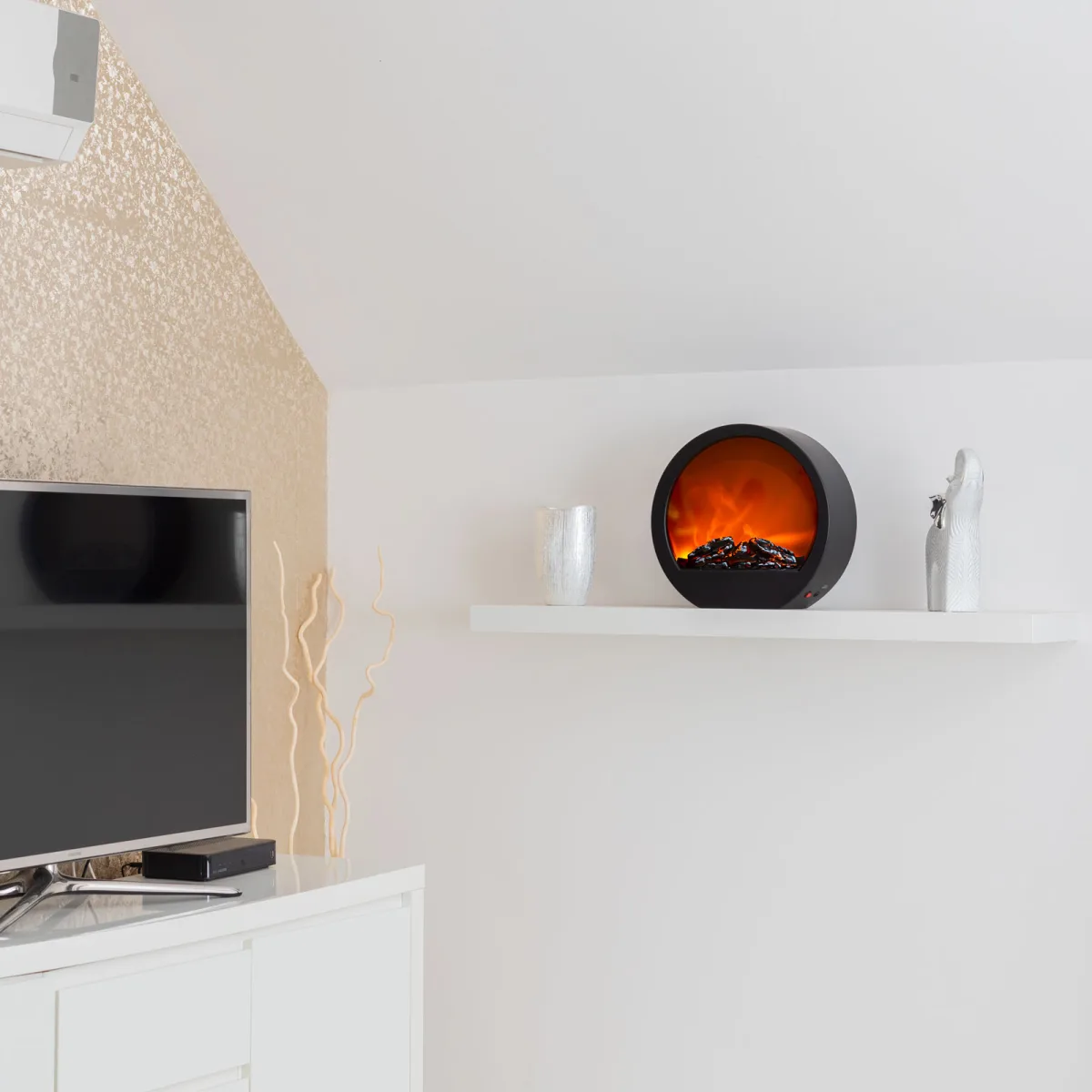 Semineu decorativ LED efect flacara, 35x12x38 cm, alimentare priza sau baterii, lumina calda, negru - imagine 3