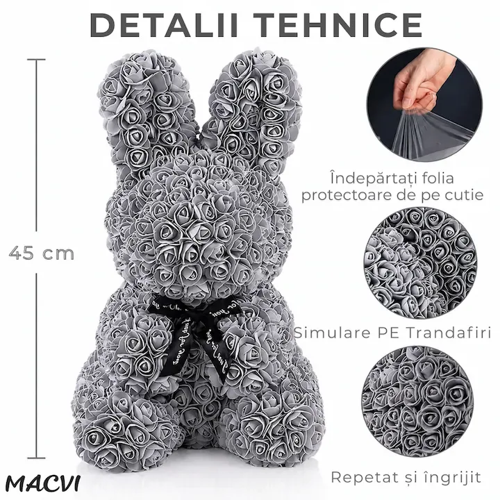 Iepuras Decorativ Macvi® din Trandafiri Spuma Gri 45 cm cu Fundita Cutie Cadou Inclusa Decor Elegant - imagine 3