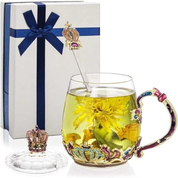 Cana Handmade Mercaton Crown din Sticla Emailata, Transparenta, Termorezistenta, cu Capac si Lingurita, Design Coroana, 320 ml