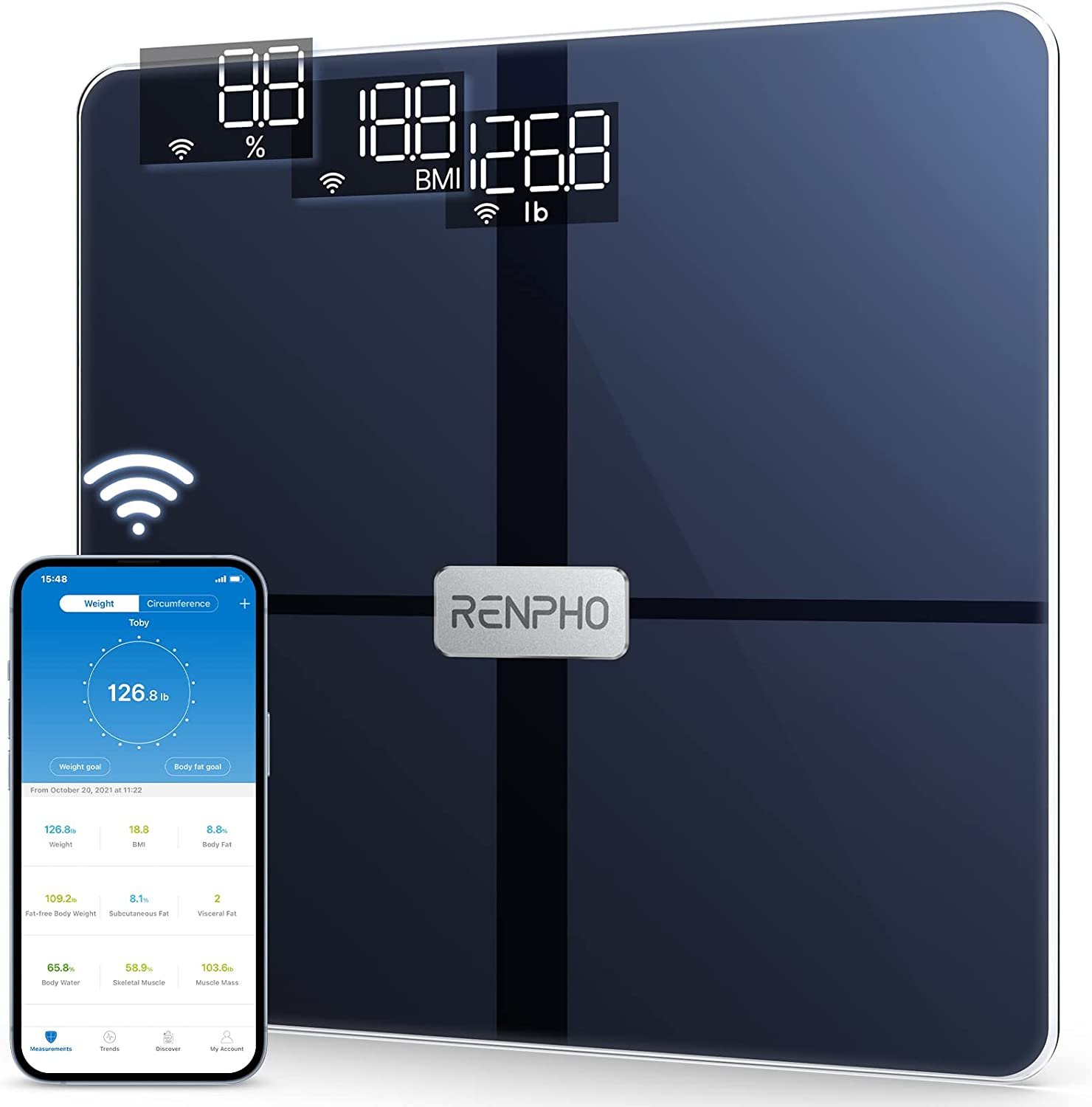 cantar de baie smart renpho wbe28, wifi, bluetooth, maxim 180kg, 13 masuratori, bmi, compatibil cu samsung health, apple health, google fit and fitbit sync. 1 Cantar de baie Smart Renpho WBE28, Wifi, Bluetooth, Maxim 180Kg, 13 masuratori, BMI, Compatibil cu Samsung Health, Apple Health, Google Fit and Fitbit sync.