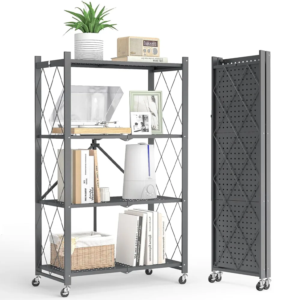 Raft universal, Teno, 4 polite, pliabil, pe roti, metal, negru, 119 cm