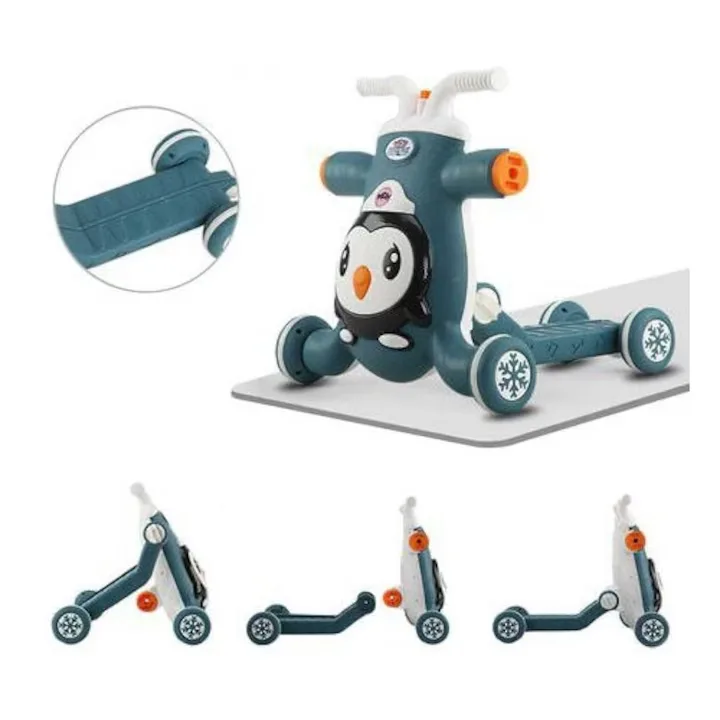 Premergator Copii Macvi® 3 in 1 Transformabil Bicicleta Scooter cu Muzica LED Pinguin Albastru 8 Luni 5 Ani
