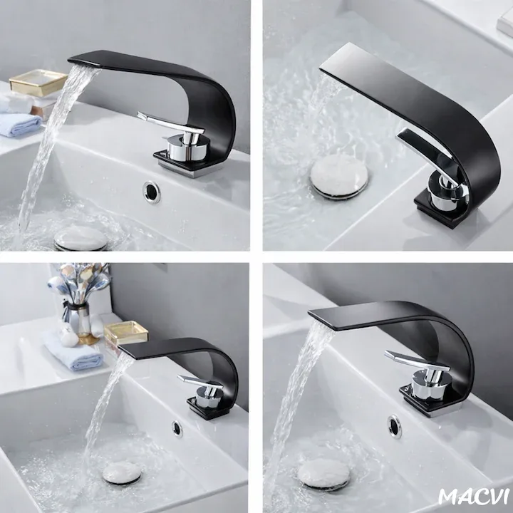 Robinet baie Macvi® tip cascada din alama inaltime 13 cm conexiune 3/8 montaj chiuveta design modern, negru mat - imagine 5