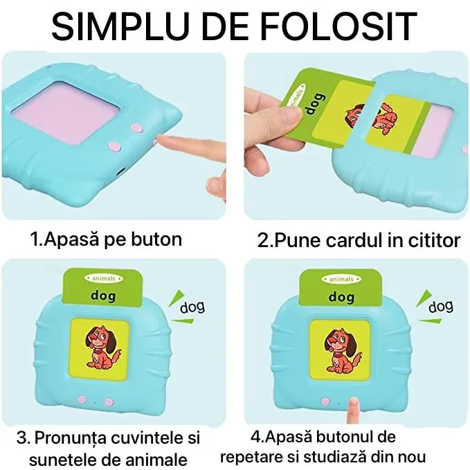 Jucarie educativa Montessori Macvi® masina de invatare limba engleza cu cititor carduri flash 112 carduri 224 cuvinte sunete interactive incarcare MicroUSB albastru 2 ani+ - imagine 4