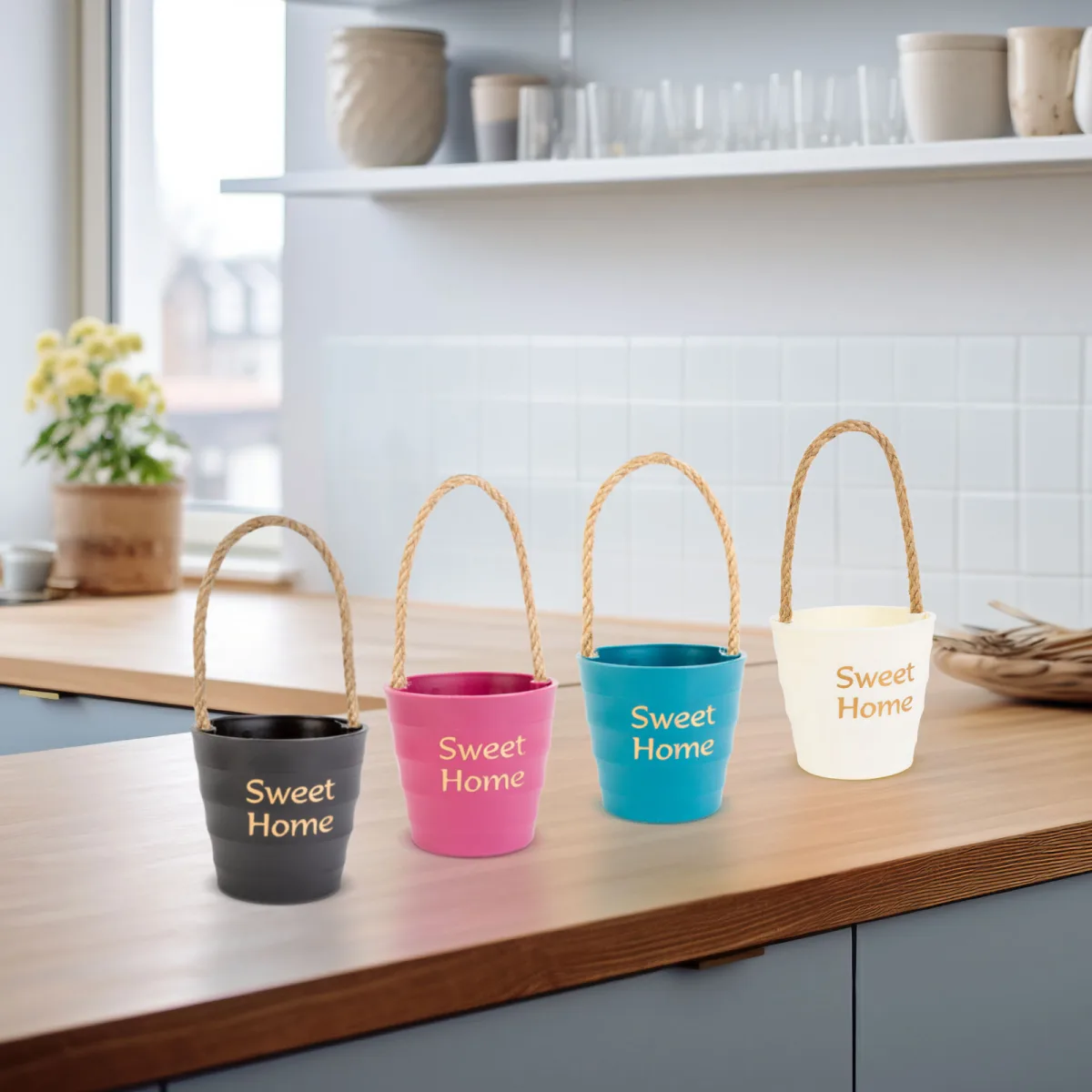 Ghiveci decorativ suspendat 9 cm cu snur, 4 culori, pentru plante sau depozitare, decor interior - imagine 3