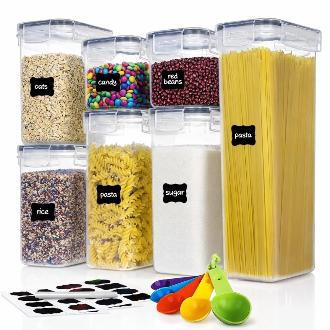 Set 7 organizatoare/recipiente Macvi® pentru depozitare alimente, etichete incluse, organizare bucatarie, capac etans, plastic fara BPA