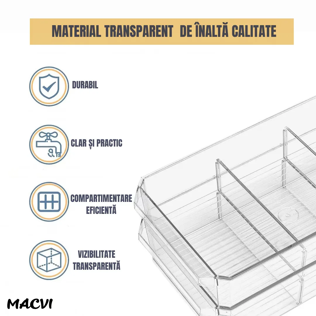 Organizator frigider Macvi® slide-out 2 nivele, transparent, sertare glisante, separatoare detasabile, 33x23x19 cm - imagine 3