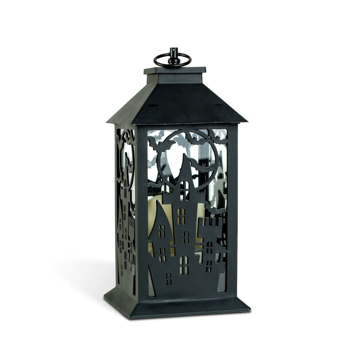 Felinar LED decorativ Halloween, model castel, efect flacara, 30 x 14 cm, negru - imagine 2