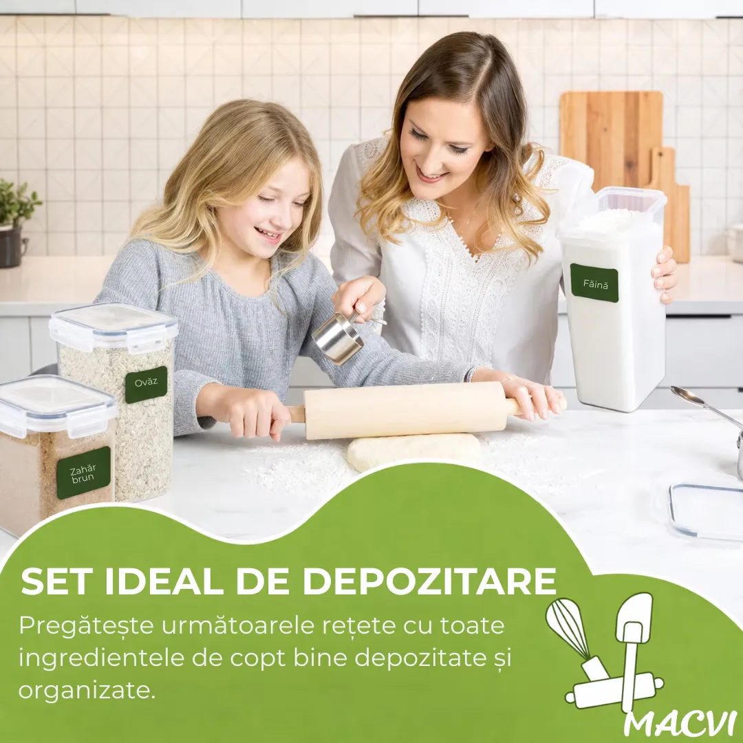 Set 36 organizatoare/recipiente Macvi® pentru depozitare alimentara, etanse, design minimalist, fara BPA, stocabile, cu etichete si lingurite incluse - imagine 5