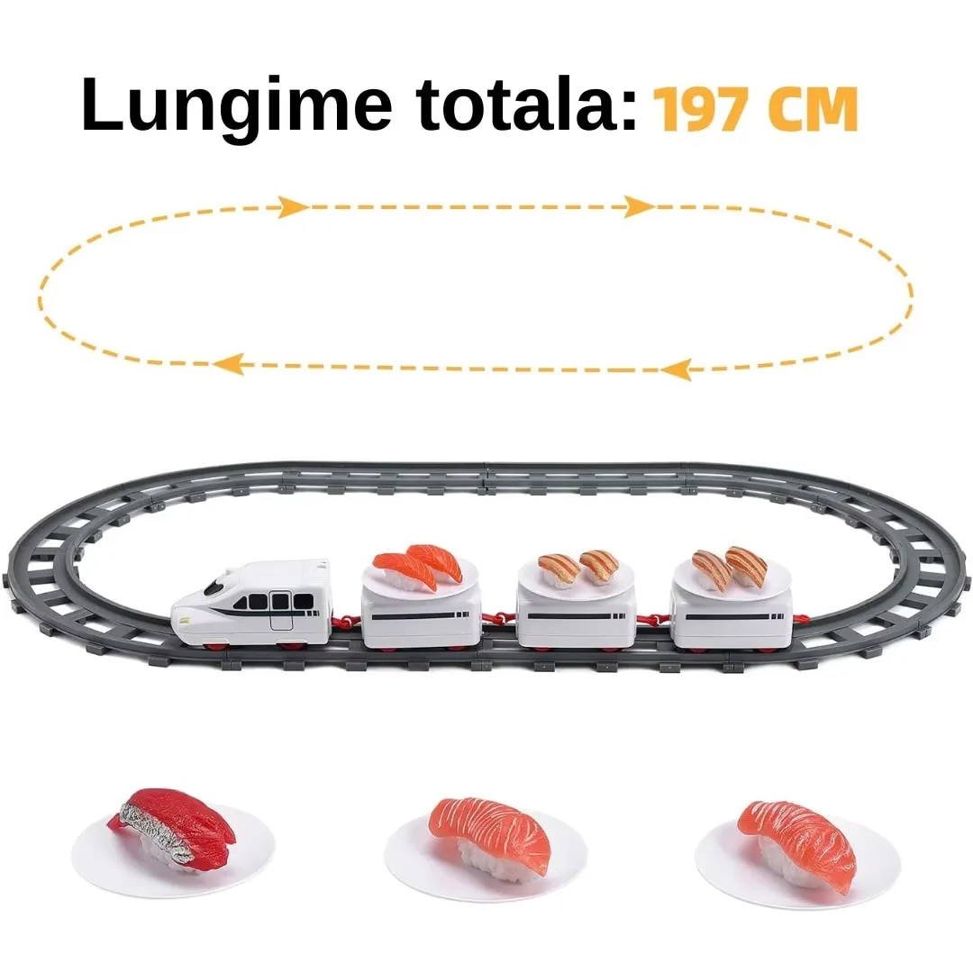 Set trenulet Macvi® pe cale ferata cu farfurii pentru servire Sushi, locomotiva electrica, 3 vagoane, 6 tavite si 12 sine, 197 cm - imagine 2