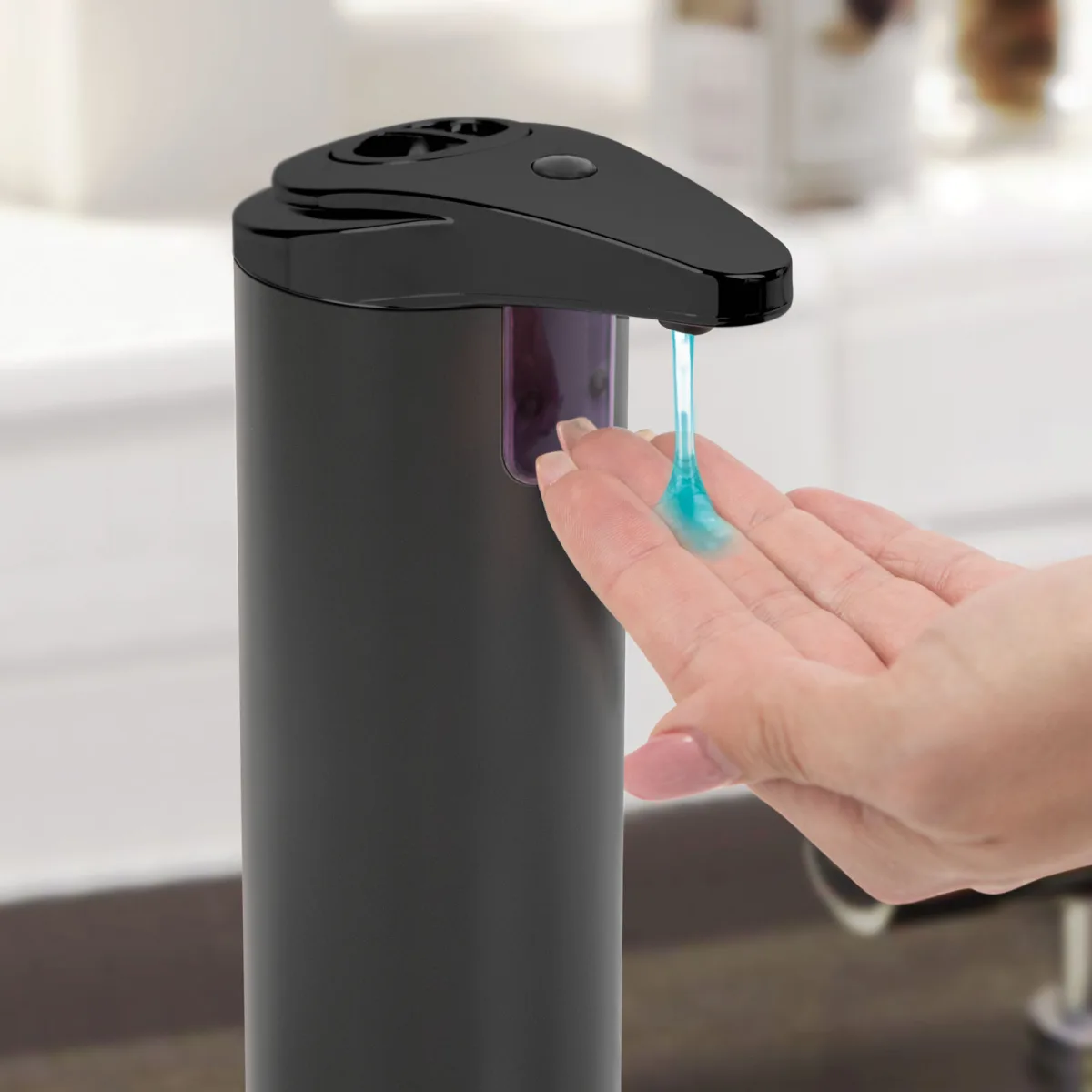 Dozator sapun automat 220ml, senzor, fara contact, de masa, negru mat, pe baterii