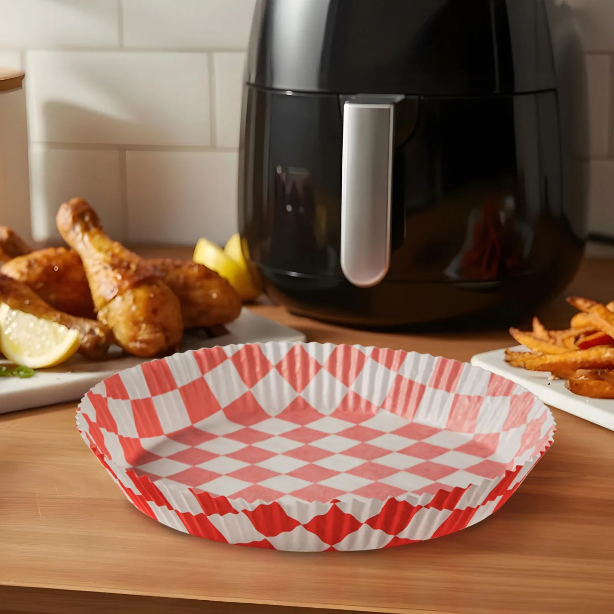 Hartie de copt air fryer rotunda 23 cm, 50 buc, antiaderenta, rezistenta 220°C, model carouri