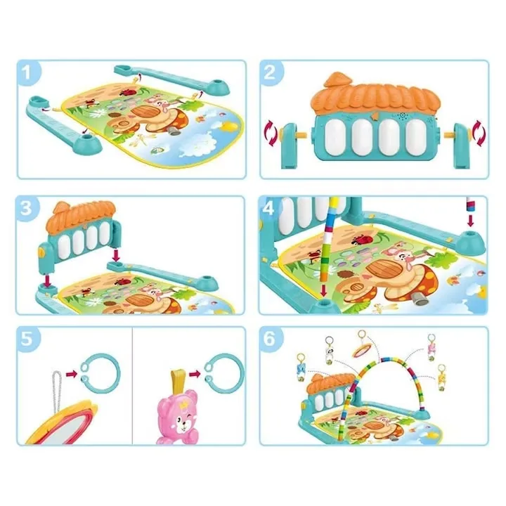 Centru de activitate si covoras bebelusi Macvi®, pian muzical interactiv, 5 jucarii detasabile, lavabil, educativ, 0-12 luni, multicolor - imagine 3