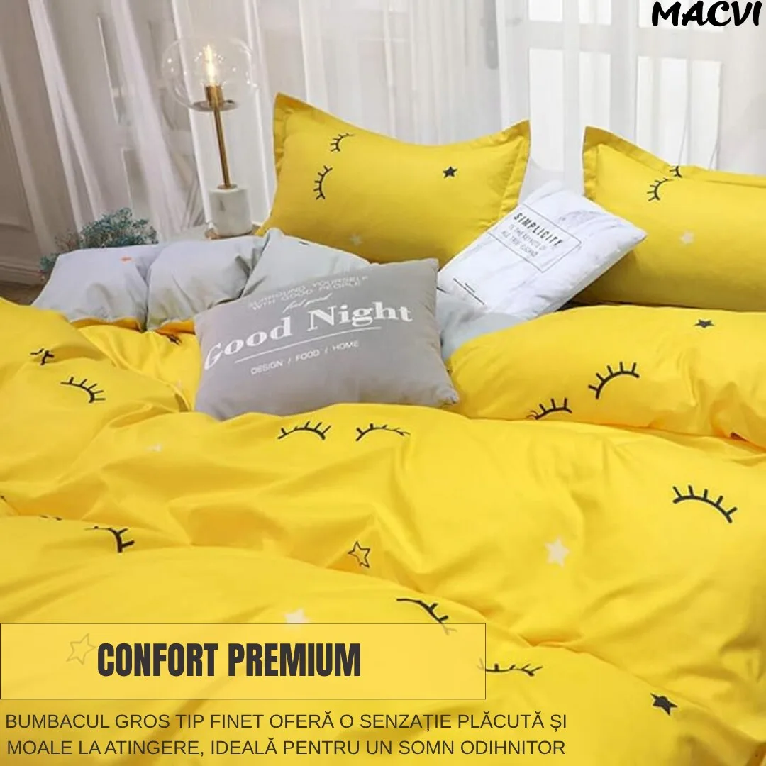 Lenjerie de pat Macvi®, bumbac gros finet, 2 persoane, 4 piese, galben, potrivita pentru saltele 180x220 - 200x230 - imagine 3