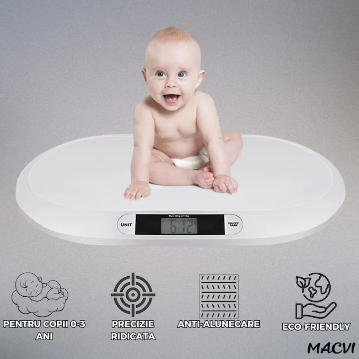 Cantar Electronic Bebe Macvi® cu Display LCD, Precizie la Gram, 20KG, Design Ergonomic, Ultra Slim, Alb - imagine 4