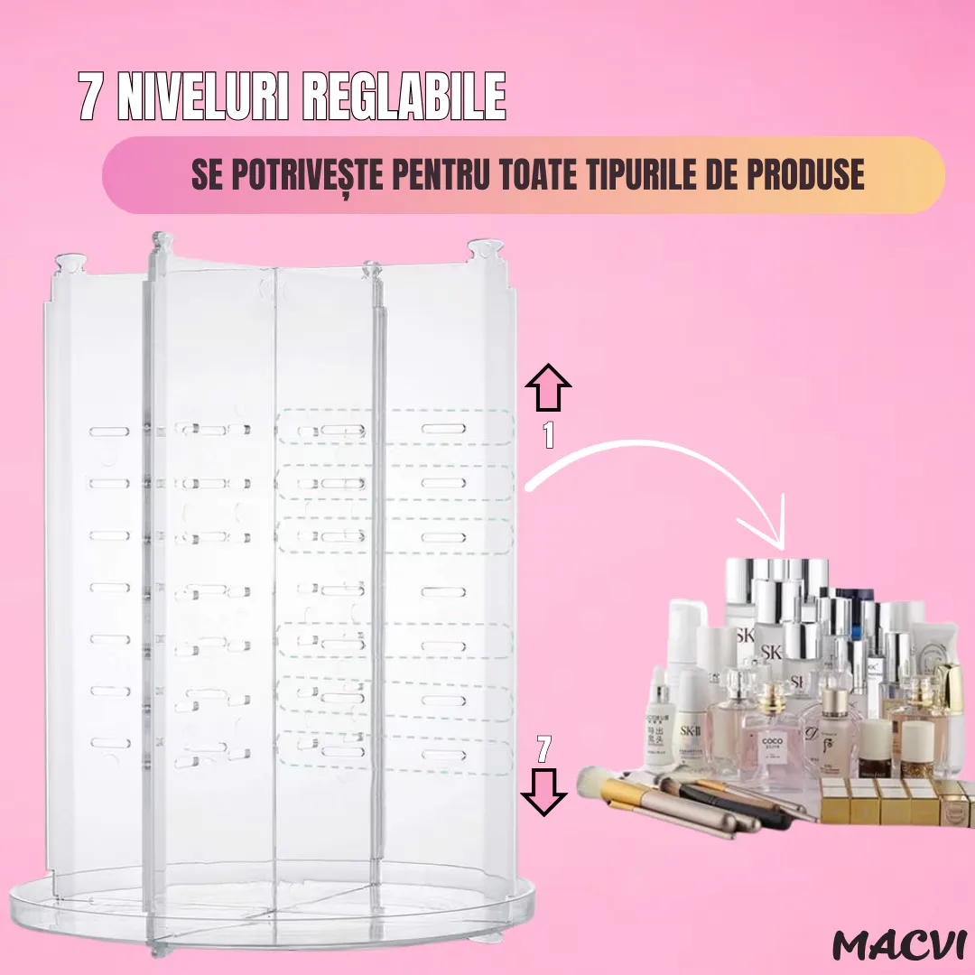 Organizator Cosmetice Rotativ Macvi® 360°, Design Reglabil, 9 Compartimente Spatioase, Montare Rapida, Ideal pentru Machiaj si Produse de Ingrijire - imagine 3