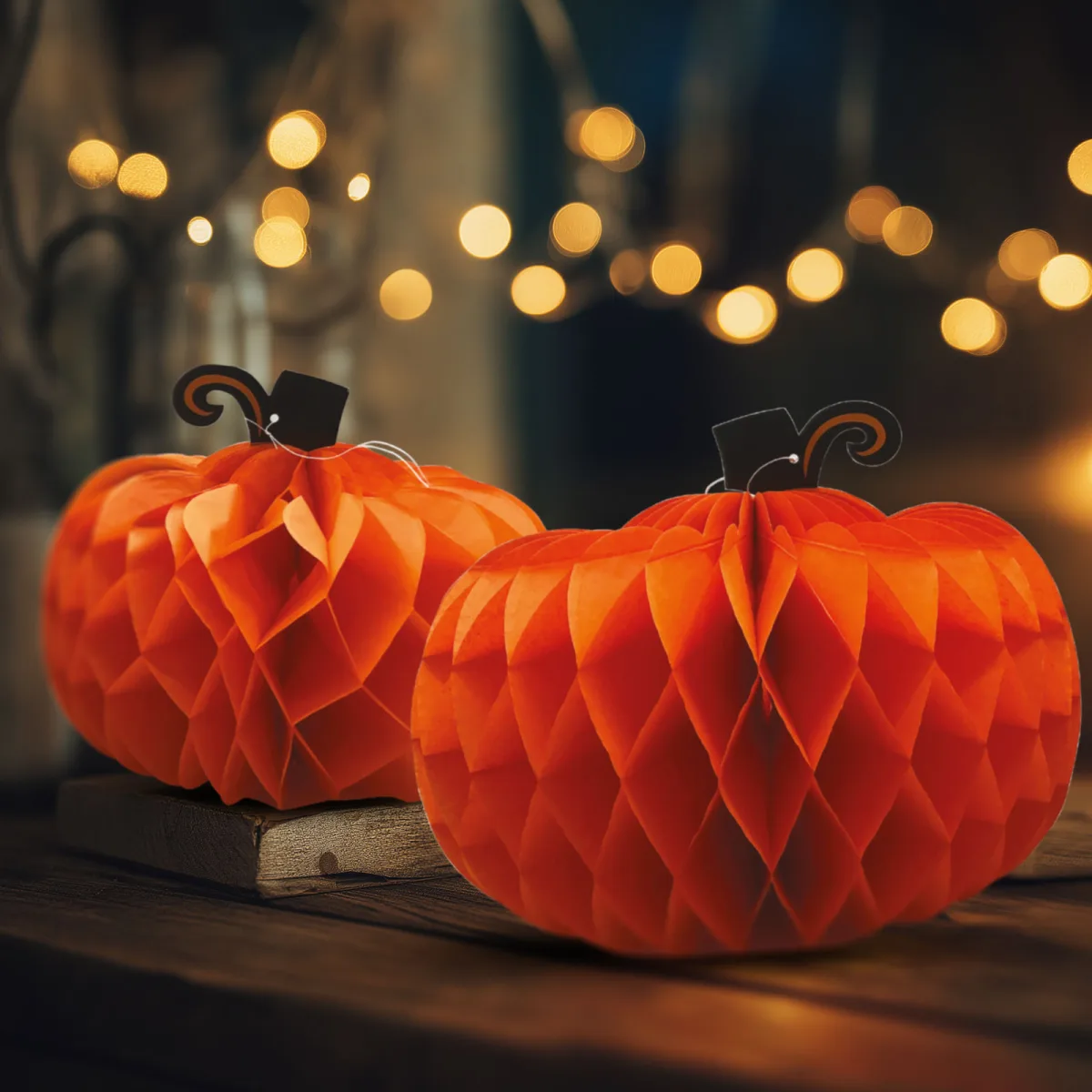 Decor Halloween, lampion dovleac, hartie, portocaliu, 25 si 30 cm, 2 buc/set, usor de asamblat