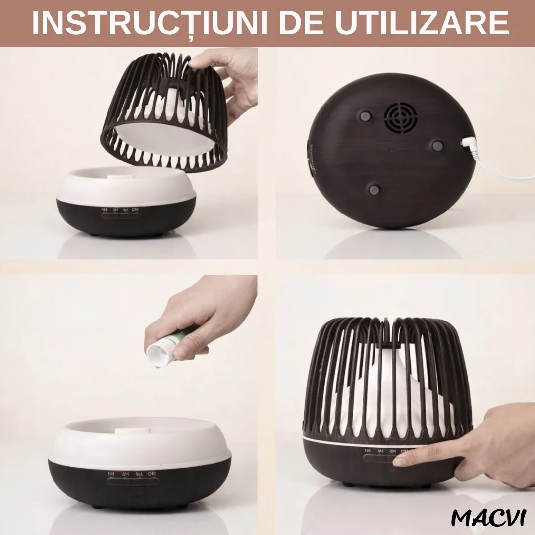 Difuzor Aromaterapie/Umidificator Macvi® cu Lampa 7 Culori, 500 ml, Culoare Negru - imagine 2