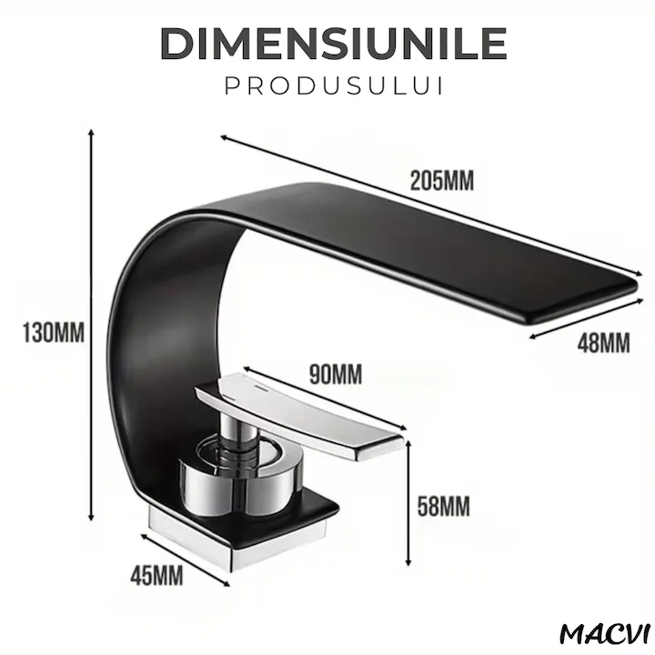 Robinet baie Macvi® tip cascada din alama inaltime 13 cm conexiune 3/8 montaj chiuveta design modern, negru mat - imagine 2