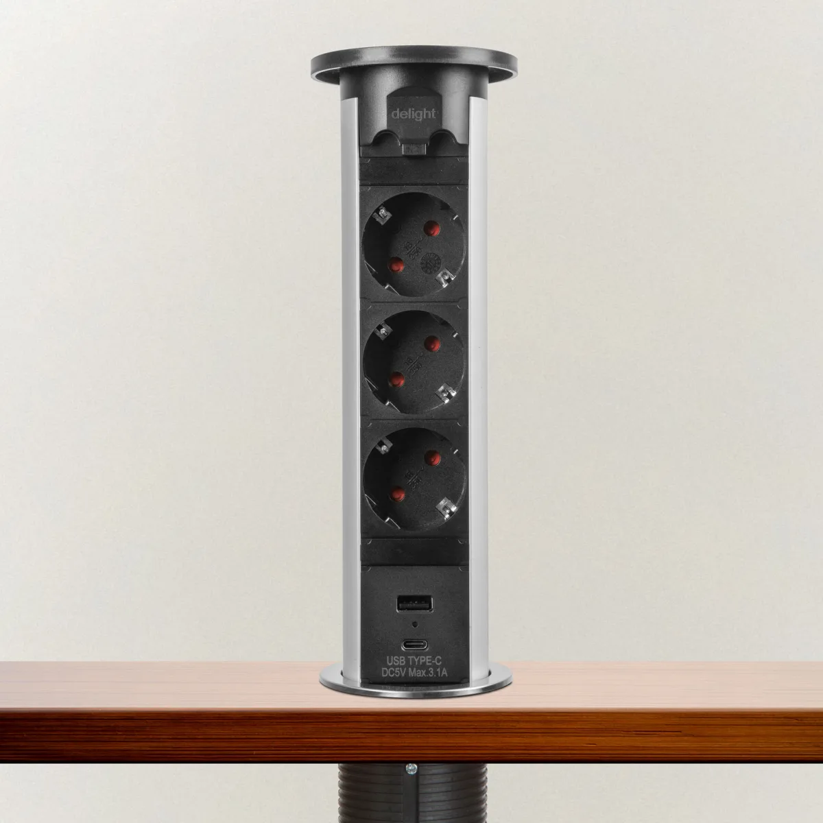 Priza retractabila electrica cu motor, 3 prize Schuko, 2x USB, 16A, argintiu