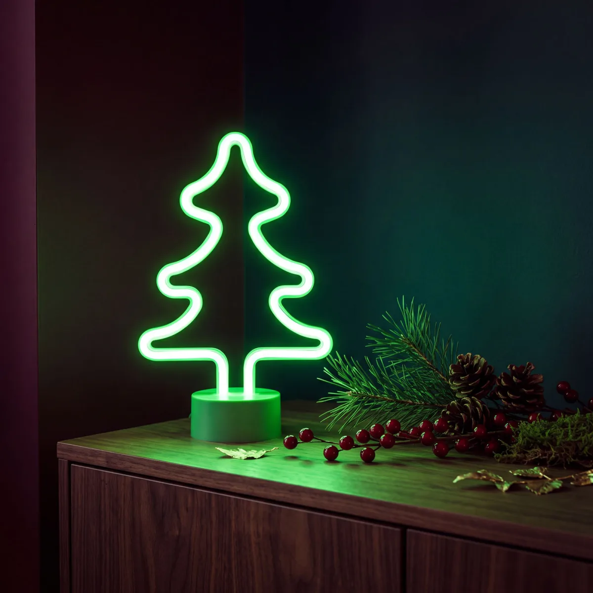 Lampa decorativa LED neon Brad de Craciun, 120 LED-uri, verde, USB sau 3 x AA, 2W