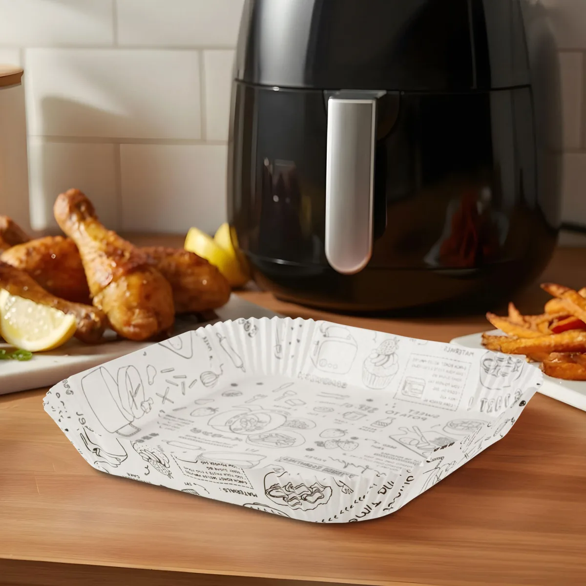 Hartie de copt air fryer patrata 23x26 cm, 50 buc, antiaderenta, rezistenta 220°C