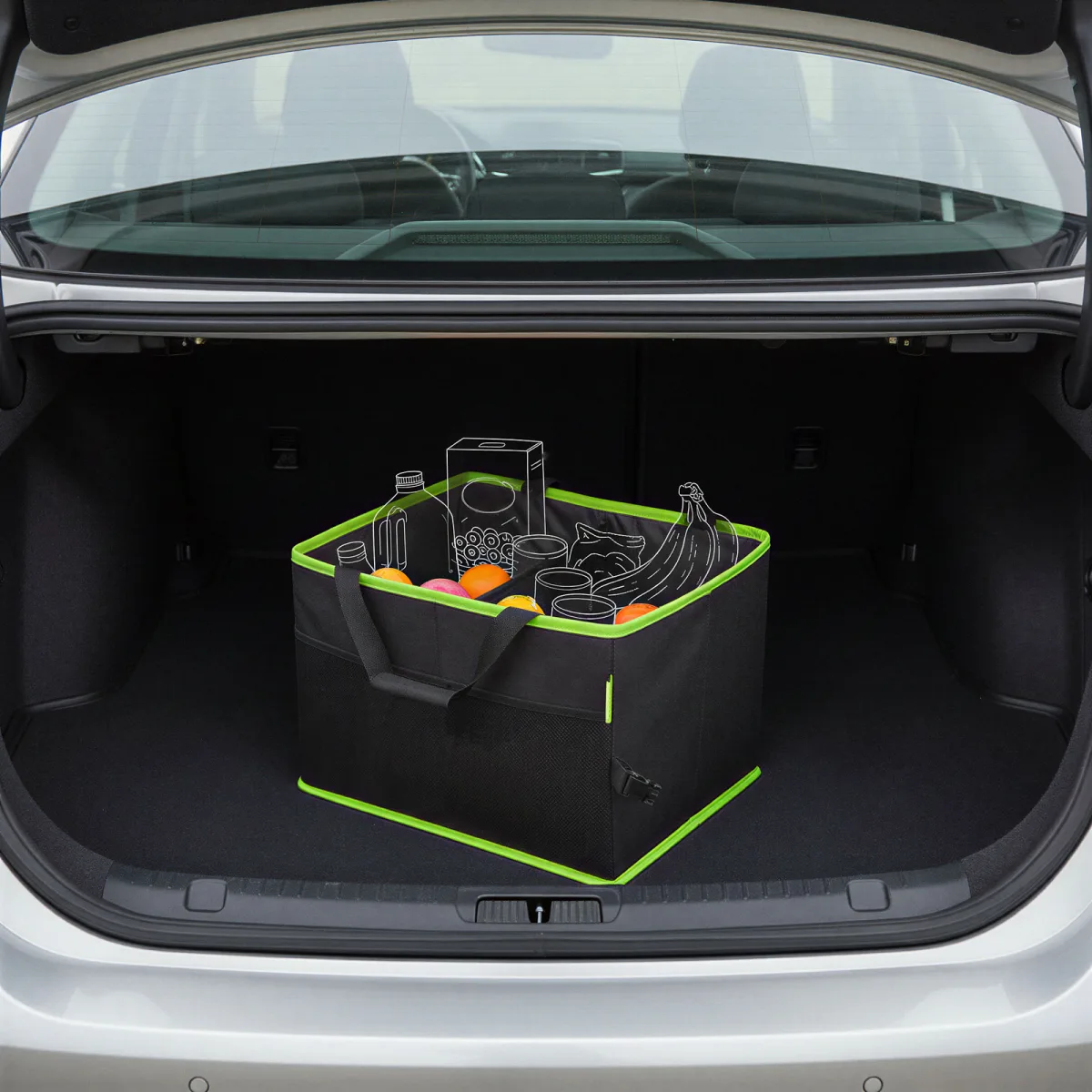 Organizator portbagaj auto pliabil, 2 compartimente, cu maner, fixare velcro, negru