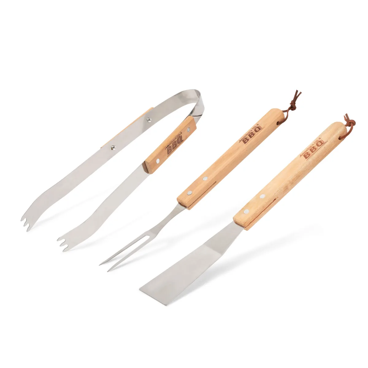 Set dispozitive gratar, 3 piese, manere din lemn, capete inox, pentru carne si legume