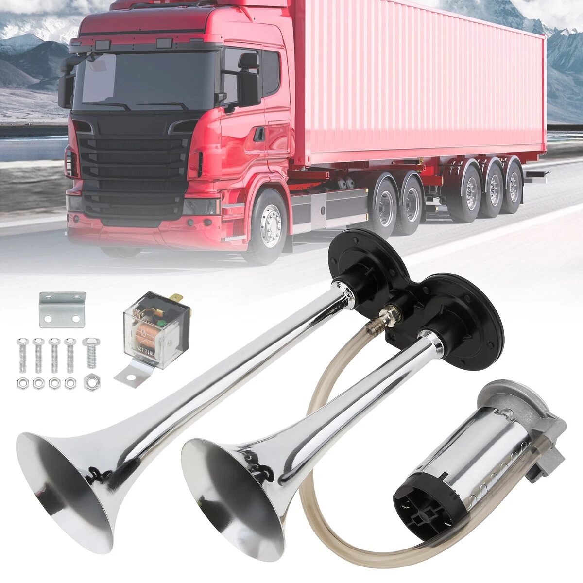 Claxon bitonal cu 2 goarne, Super Puternic, 178db, alimentare 12V, CU COMPRESOR electric inclus, culoare Crom/Negru