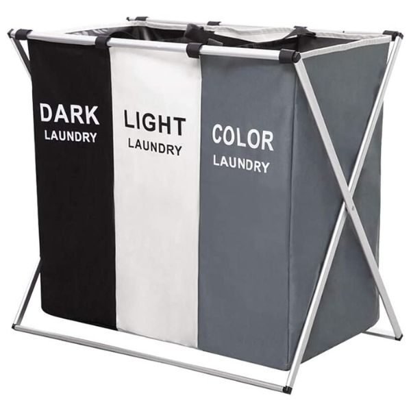 Cos Pliabil pentru Rufe cu 3 Compartimente din Panza Oxford, Cadru Metalic, 135 L, 65.5 x 39.5 x 60 cm, Multicolor