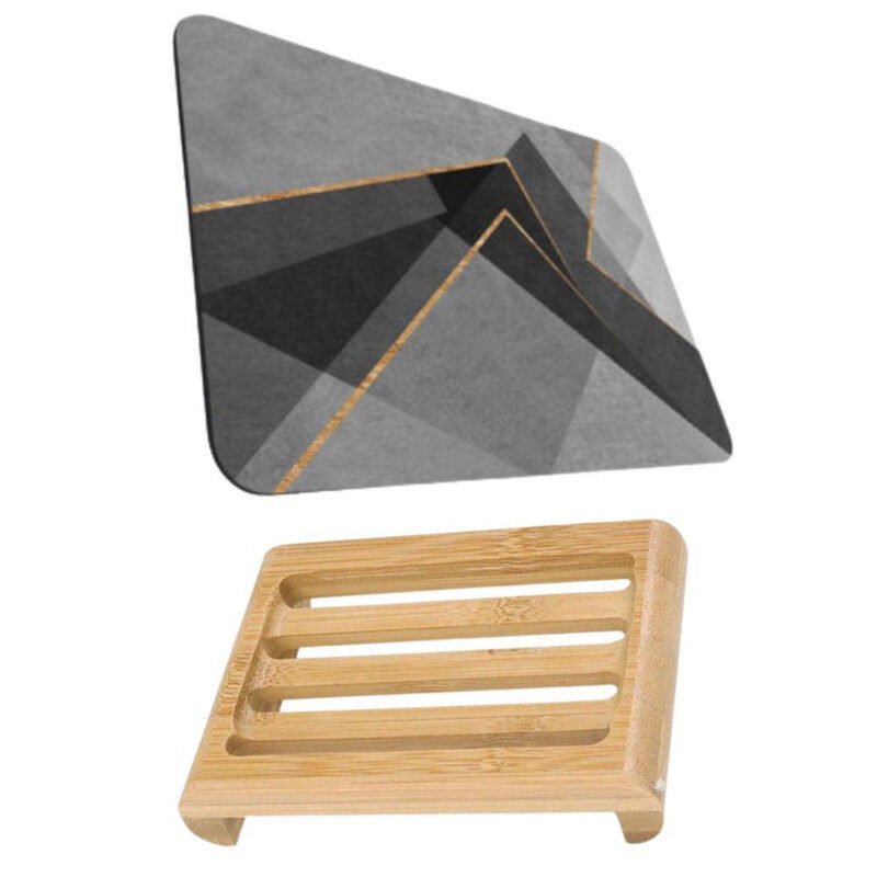Covoras pentru baie ultra absorbant, anti-alunecare, material Diaton, Model Abstract, 50 x 80 cm si Sapuniera din lemn natural Bambus, anti-derapanta, 12.5 x 8 cm, Maro 