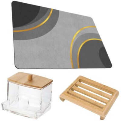 Covoras pentru baie ultra absorbant, anti-alunecare, material Diaton, Model Cercle, 50 x 80 cm cu Sapuniera din lemn natural Bambus, anti-derapanta si Cutie depozitare pentru betisoare de ureche, din plastic cu capac din lemn bambus