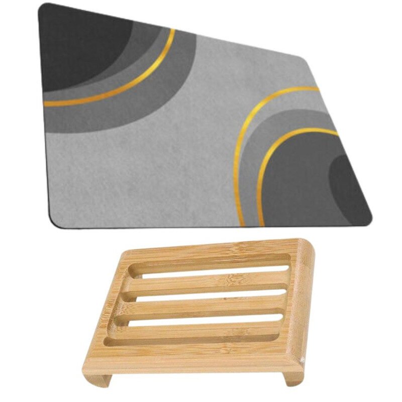 Covoras pentru baie ultra absorbant, anti-alunecare, material Diaton, Model Cercle, 50 x 80 cm si Sapuniera din lemn natural Bambus, anti-derapanta, 12.5 x 8 cm, Maro 
