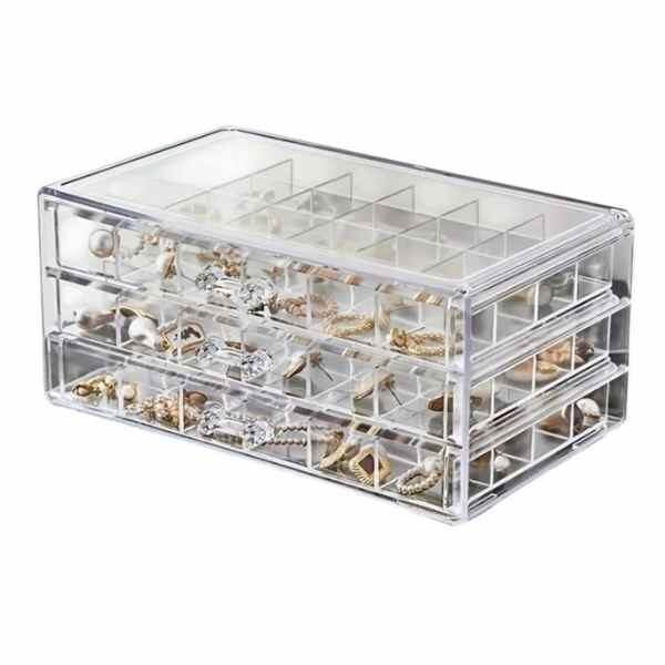 Cutie Mercaton pentru Depozitarea Bijuteriilor si a Accesoriilor Mici, 3 Sertare cu 72 Compartimente, Plastic, 23 x 13.5 x 10.5 cm, Transparent