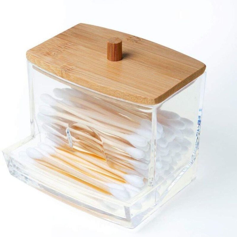 Cutie pentru Depozitare Betioase de Ureche, din Plastic si cu Capac din Lemn de Bambus, 9 x 7.5 cm