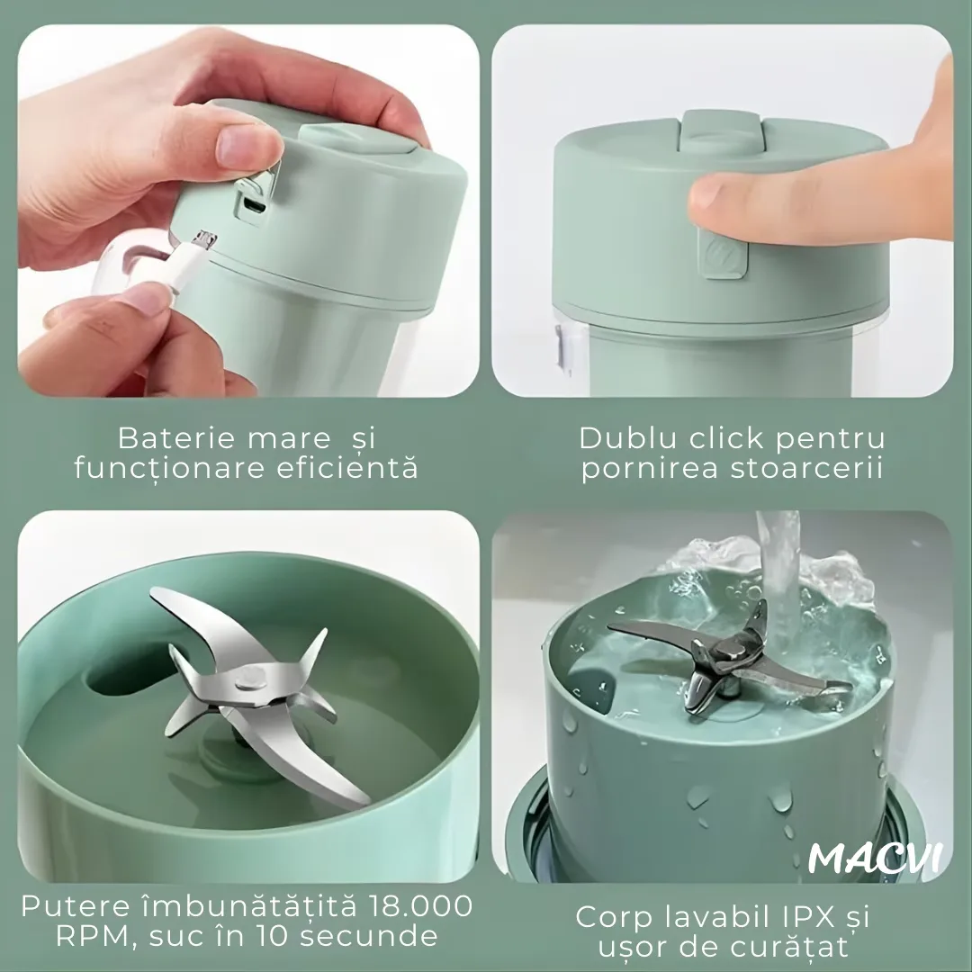 Storcator De Citrice Macvi® Portabil din Plastic cu Acumulator, Blender Reincarcabil USB, 6 Lame din Otel Inoxidabil, BPA Free, Anti-scurgere, Capac cu Pai, Capacitate 420 ml, Smoothie-uri si Sucuri - imagine 5